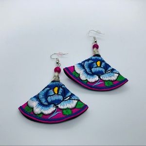 Embroidered Blue Rose Earrings